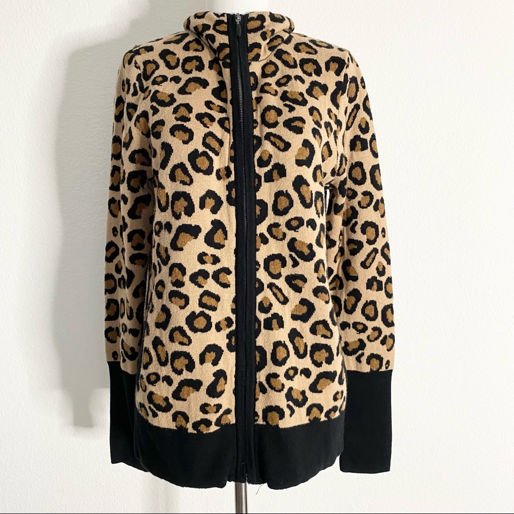 RACHEL ZOE Zip Up Knit Leopard Sweater